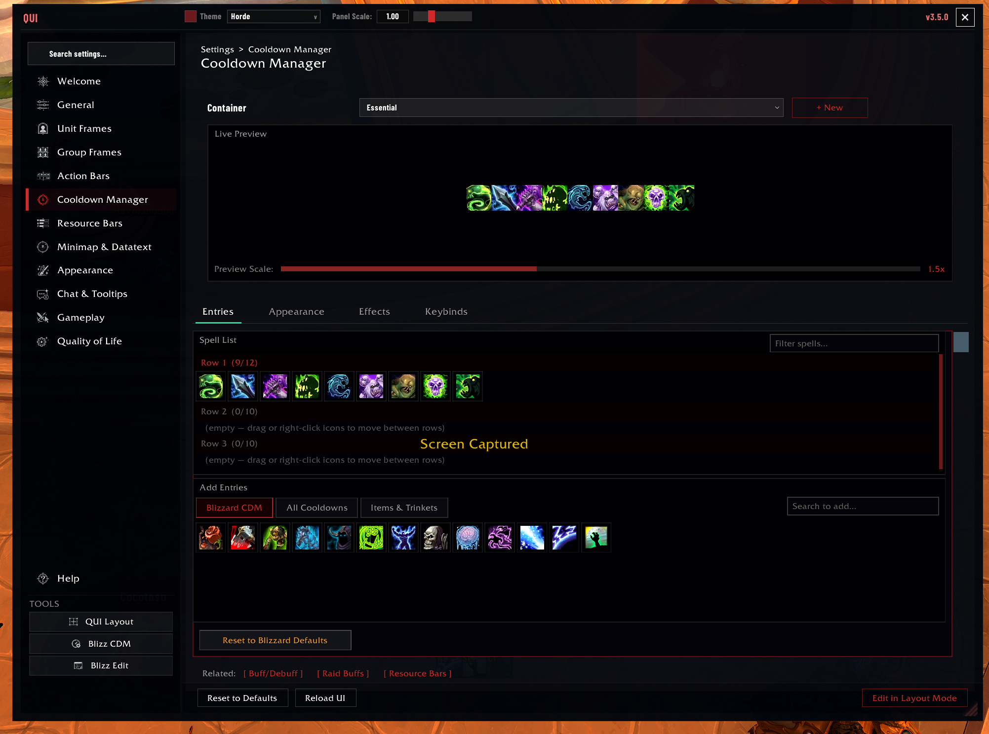 Actual QUI Cooldown Manager Entries page