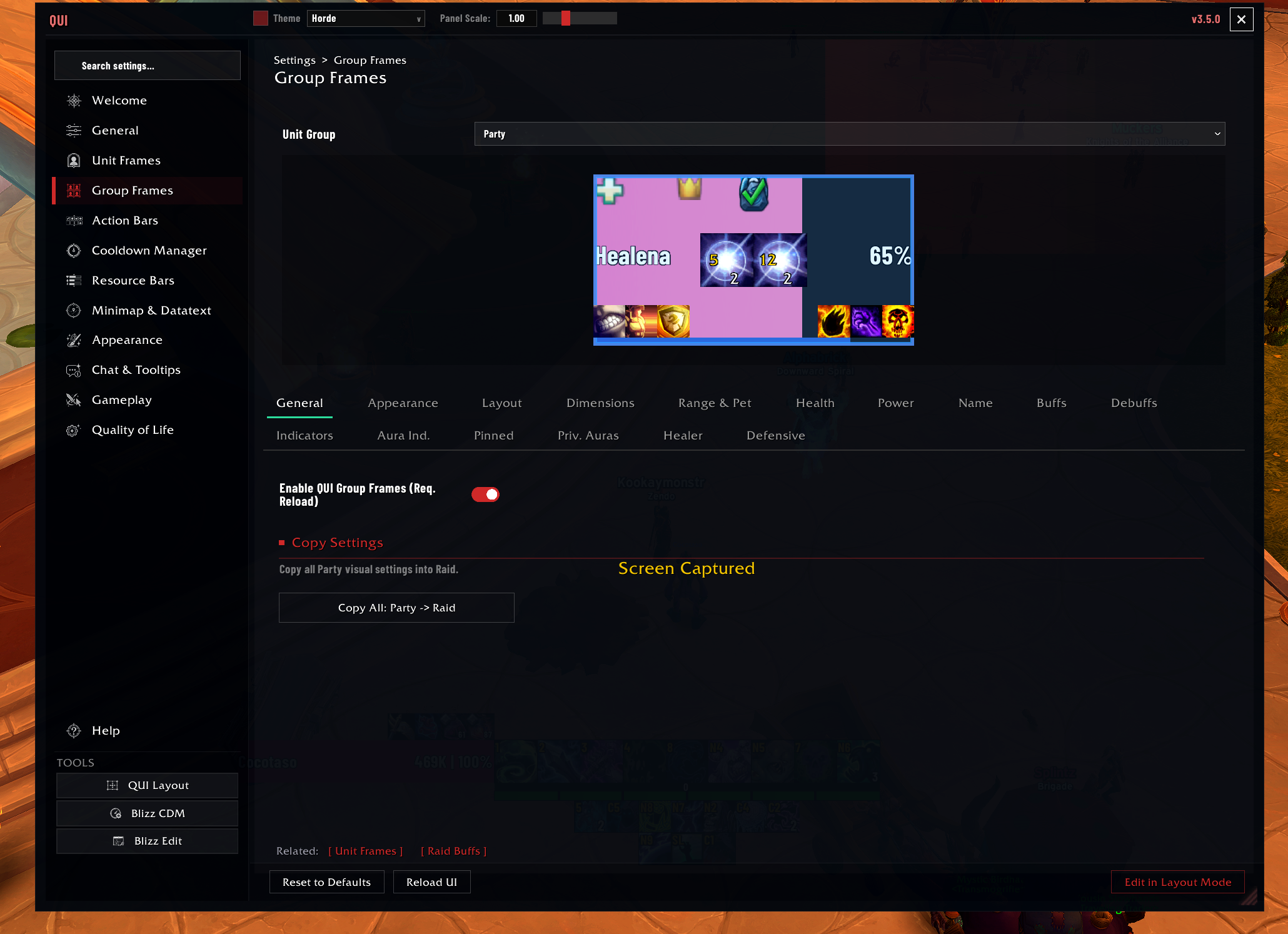 Actual QUI settings window