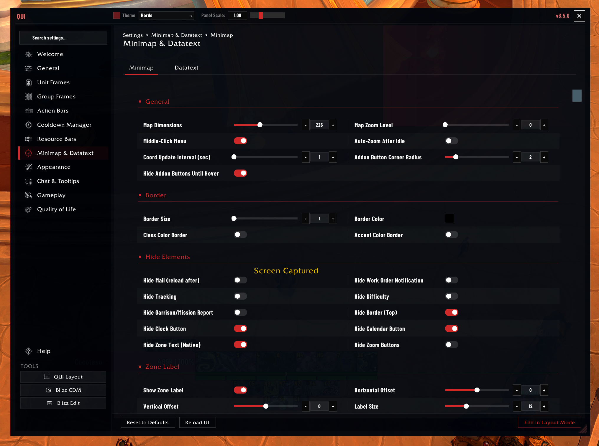 Actual QUI Minimap settings page
