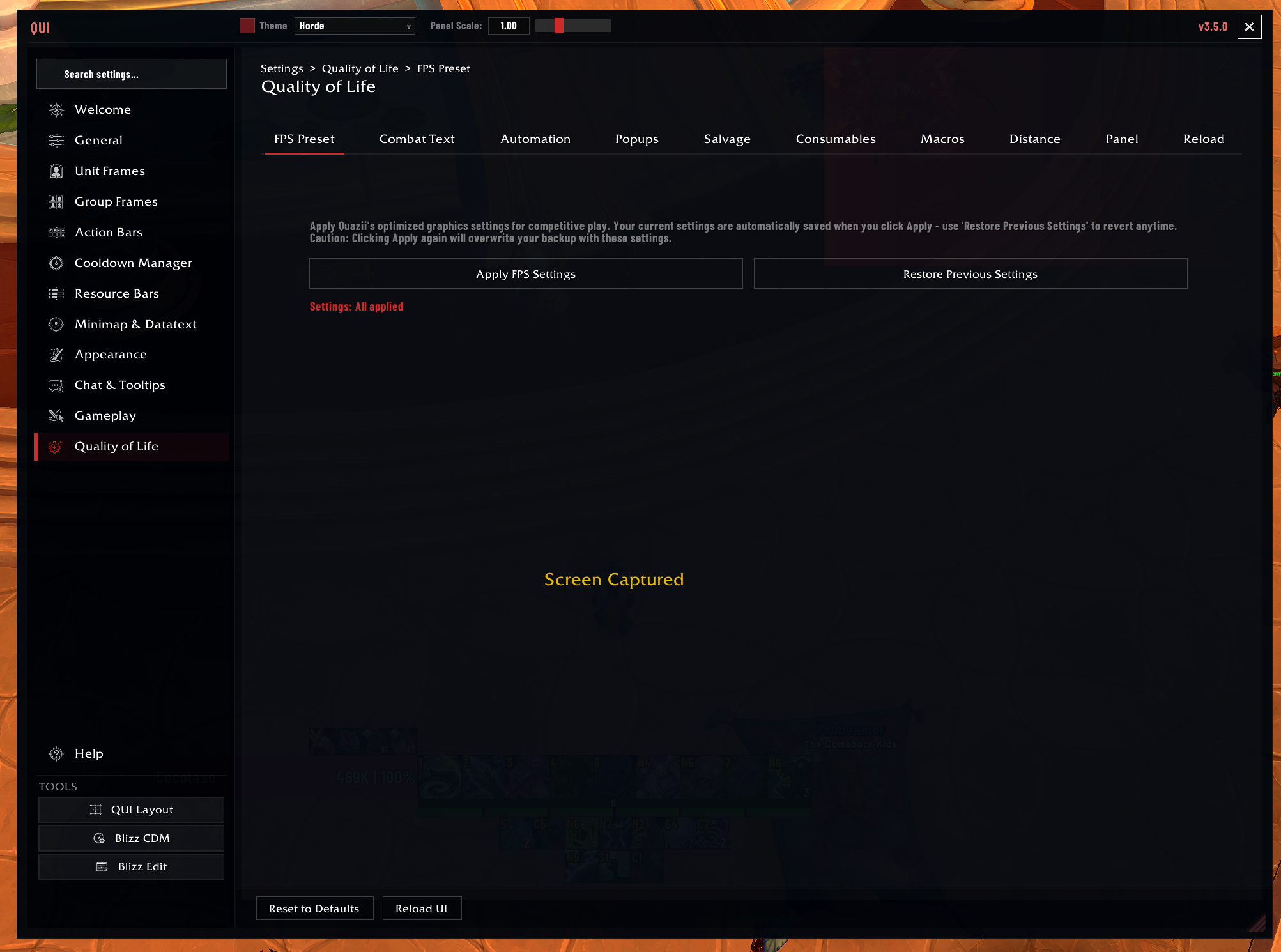 Actual QUI Quality of Life page