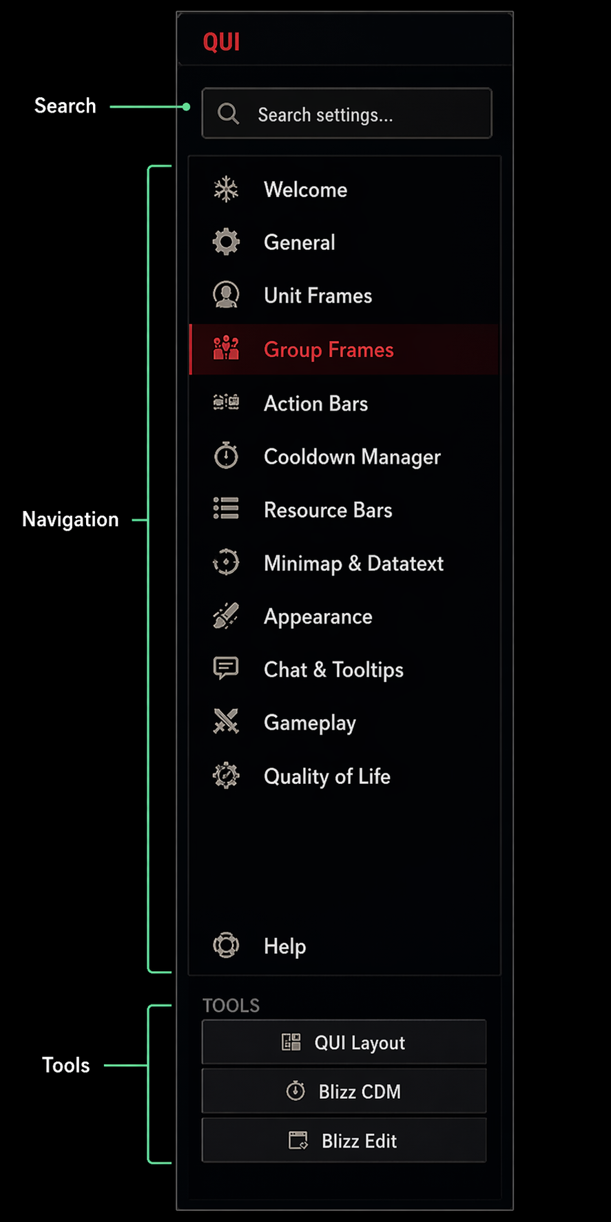 Actual QUI sidebar navigation